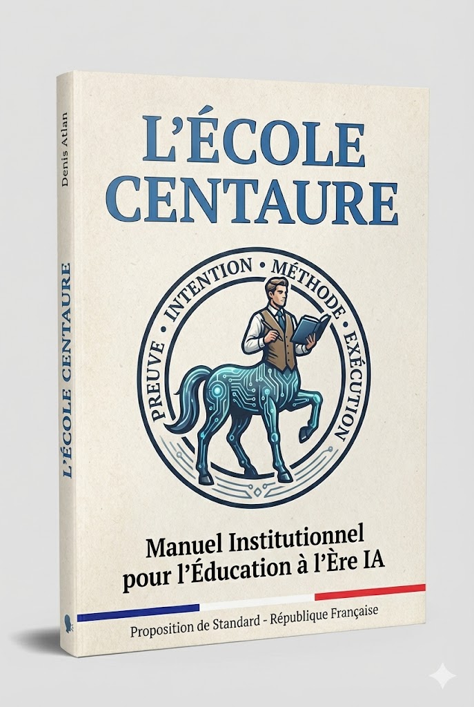 L'École Centaure - Manuel Institutionnel Éducation IA • Début 2026 Couverture livre L'École Centaure par Denis ATLAN. Manuel Institutionnel pour l'Éducation à l'Ère IA. Standard pour Éducation nationale française. Modèle Centaure: 4 couches (Intention, Méthode, Exécution, Preuve). 12 formats épreuves IA-robustes, gouvernance, protocoles sécurité. Parution début 2026.