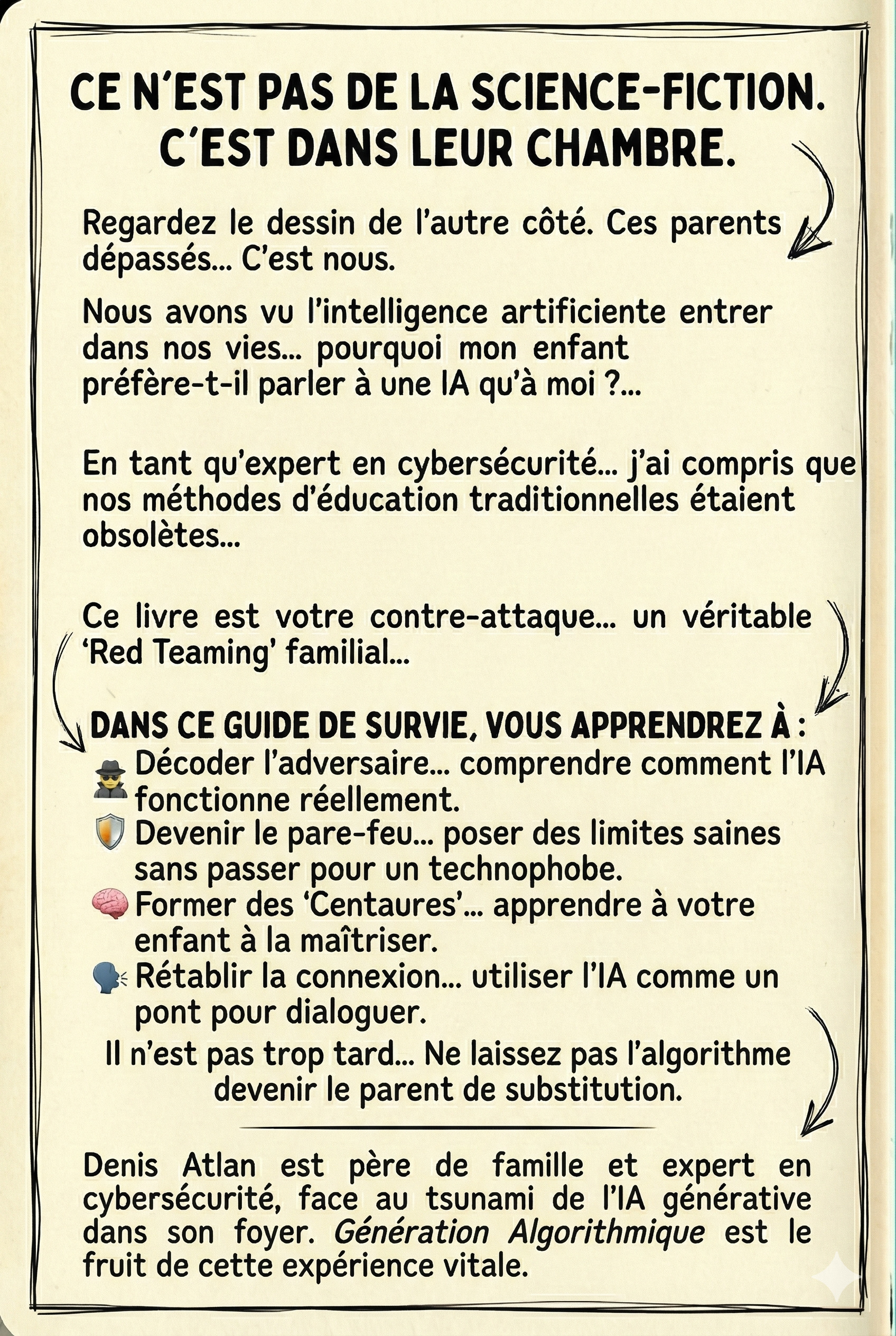GÉNÉRATION ALGORITHME - Quatrième de couverture du livre de Denis Atlan présentant le guide de survie pour parents: Red Teaming familial, former des Centaures, décoder l'adversaire, rétablir la connexion.